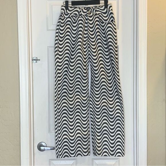 The Ragged Priest Wide Leg Dad Fit Black White Wave Print Jeans Size 24 - Picture 2 of 10